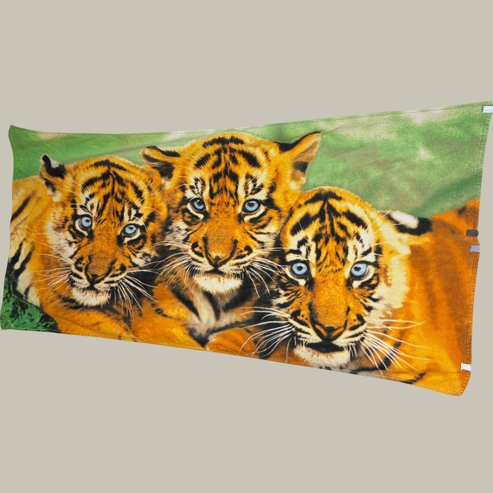 Tiger Cubs Beach Towel Blue Eyed Wildlife Graphic Print Orange Green Soft Large